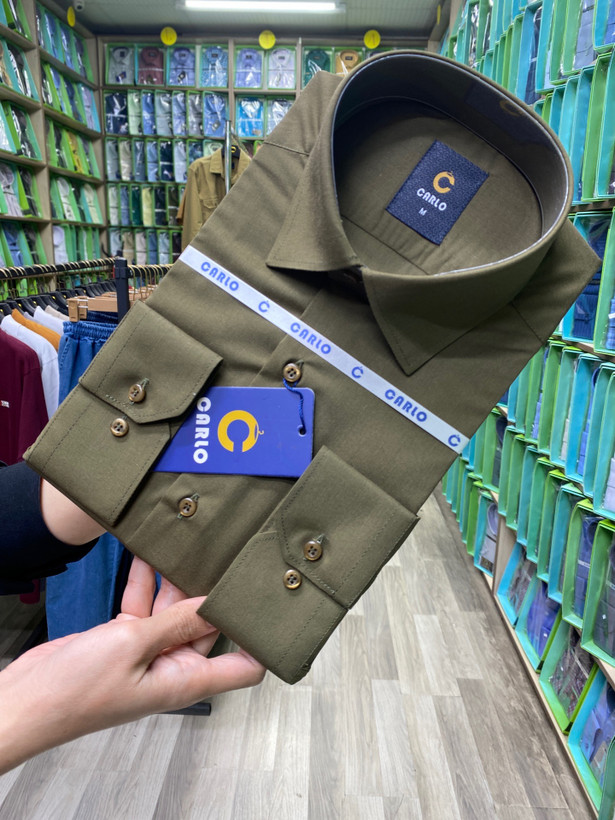 پیراهن مردانه آستین بلند تترون ساده سبز ماشی همای من