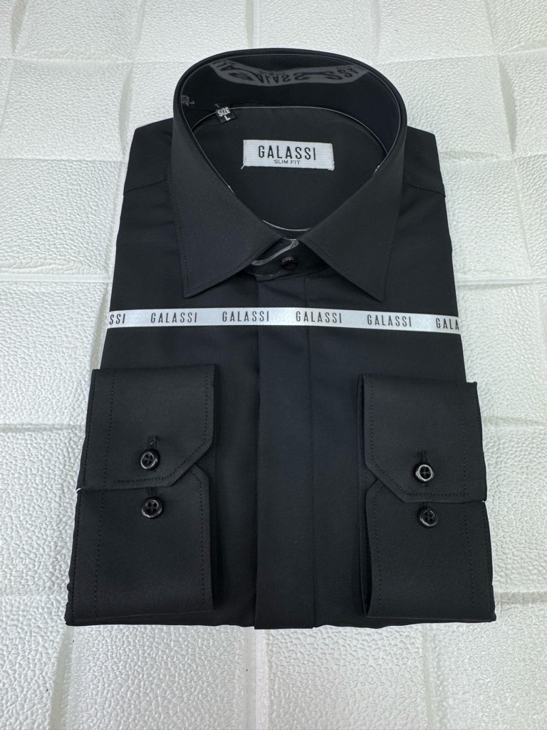 پیراهن مردانه آستین بلند پارچه دوشین مشکی اسلیم فیت Homaymen