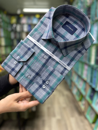 پیراهن مردانه چارخونه نخی آستین بلند تک جیب همای من