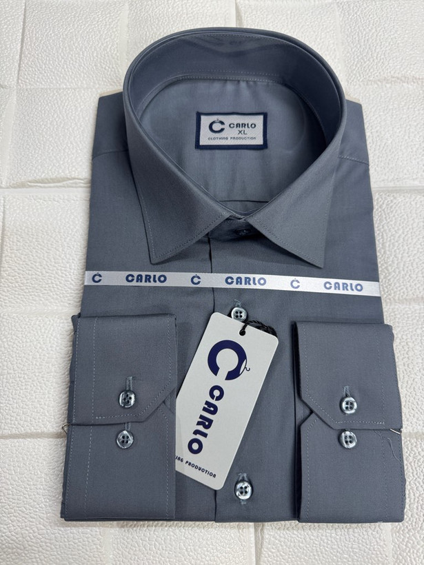 پیراهن مردانه آستین بلند قواره آزاد طوسی تیره دوخت فرنگی پارچه تترون بروجرد