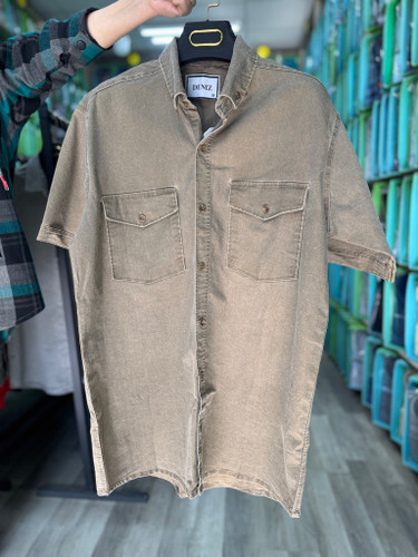 پیراهن کتان کش سنگ شور آستین کوتاه دو جیب قواره آزاد همای