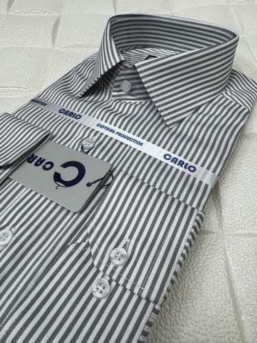 پیراهن مردانه آستین بلند راه راه طوسی روشن قواره آزاد تک جیب همای