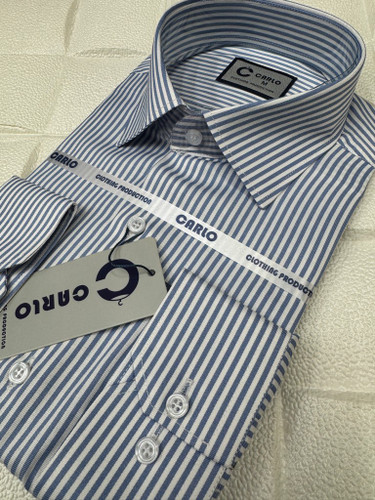 پیراهن مردانه آستین بلند راه راه آبی روشن قواره آزاد تک جیب همای