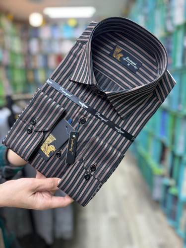 پیراهن مردانه آستین بلند راه راه قواره آزاد تک جیب همای