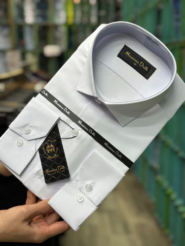 پیراهن مردانه دوشین سفید آستین بلند تک جیب قواره آزاد