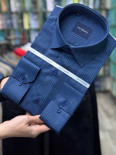 پیراهن مردانه آستین بلند راه راه نخی قواره آزاد تک جیب همای