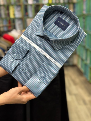 پیراهن مردانه آستین بلند راه راه نخی قواره آزاد تک جیب همای