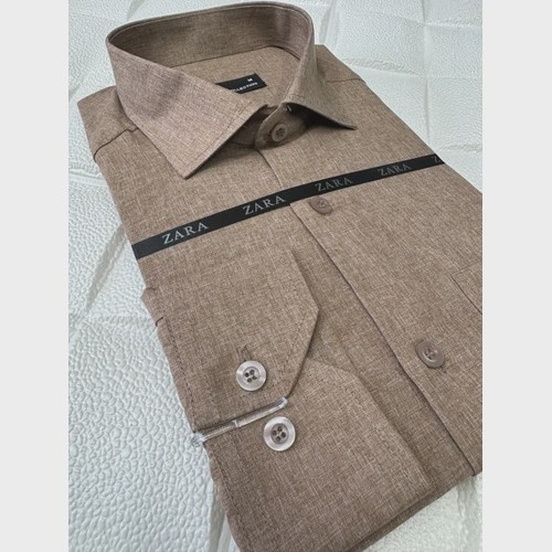 پیراهن مردانه طرح دار ملانژ پارچه قهوه ای روشن تک جیب کد 1203